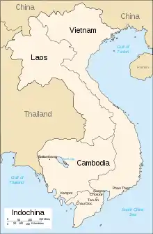 A map depicting bodies of water in light blue and land in beige. The countries in French Indochina, Vietnam, Laos and Cambodia are in a lighter shade than the other countries. Vietnam is an S shaped country bordering the sea. The various towns located on the map detailing Phan Xich Long's locations are in the southern third of the country.