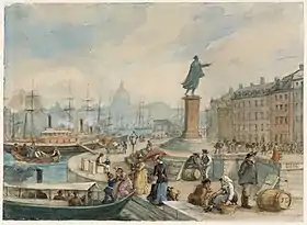 Johan Tobias Sergels statue over Gustav III on Skeppsbron in Stockholm (1860)