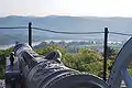 A cannon facing northeast towards Constitution Island (left) and the Plain and Fort Clinton (right)