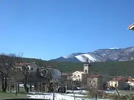 The church and surrounding buildings in winter