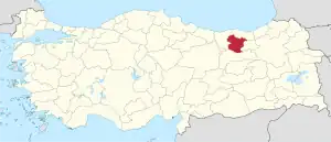 Gümüşhane highlighted in red on a beige political map of Turkeym