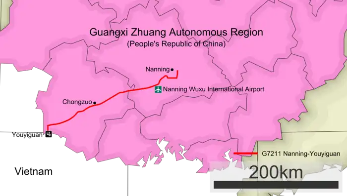 Detailed route map of the G7211 Nanning–Youyiguan Expressway.