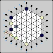 (3b) White could have introduced the piece on A2 instead, then pushed to B2  (W)A2→B2 , with the same result. However, placing on A2 opens up the option to push to B3 instead  (W)A2→B3 , displacing the black piece to C4.