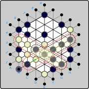 (ex.3) Same move  (B)B1→C2  and resulting four-in-a-row at E4-F5-G6-H7 removes the line from C2 to H7. In this case, a second, intersecting Black four-in-a-row is formed D4-E4-F4-G4. Black will choose to remove either (C2 ... H7) or (B4 ... G4) but not both! (C2 ... H7) returns five to reserves and captures one White piece, while (B4 ... G4) returns four and captures two.