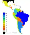 Members of the Latin American and Caribbean Group colour-coded for the number of years each spent on the Security Council as of 2010