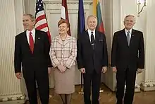 George W. Bush, Vaira Vīķe-Freiberga, Arnold Rüütel, and Valdas Adamkus in Riga, 7 May 2005.