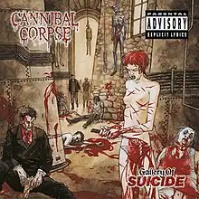 Cover art by Vincent Locke, depicts many slaughtered people including an almost naked woman. She has many slash wounds, and is shown disemboweling herself with a knife. Some other hanged people are also shown.