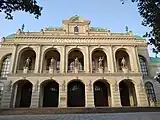 Statues on the balcony of Ganja State Philharmonic Hall