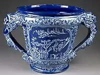 Garden vase, 1660–80; Chinese-style garden scene in white on a blue ground; the shape is entirely European.