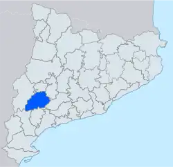 Location of Les Garrigues (in blue) within Catalonia