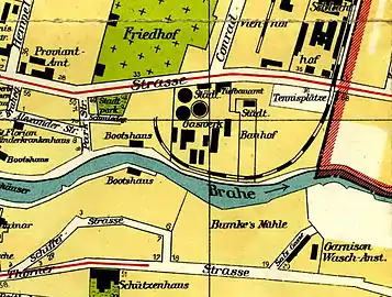 Gasworks on 1914 Bromberg map, with railway network