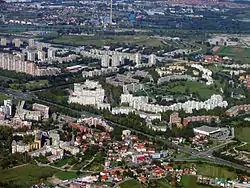 Dugave seen from above, as well as Sloboština (lower left), and Travno (upper left)