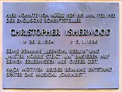 Plaque at Nollendorfstraße 17 about Christopher Isherwood.