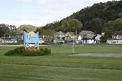 Welcome sign and downtown