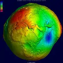 Image 26Geoid, an approximation for the shape of the Earth; shown here with vertical exaggeration (10000 vertical scaling factor). (from Geodesy)