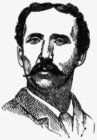 A black and white portrait illustration of a man with a long mustache wearing a suit and tie