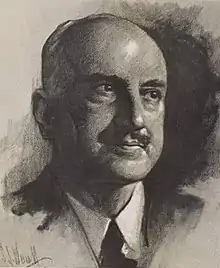 A line drawing of the face and upper torso of George Santayana as a middle-aged man. He is balding, wearing a suit, and looking away from the viewer to the right.