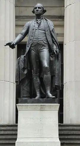 Statue of George Washington at the site of his inauguration as first president of the United States, now occupied by Federal Hall National Memorial, includes a fasces to the subject's rear right