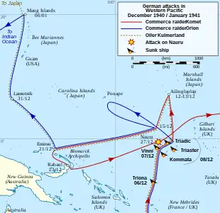 The South Pacific showing the routes taken by the German vessels and locations where Allied ships were sunk as described in the article