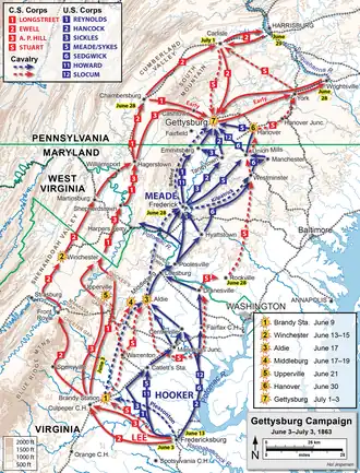 Image 22The Gettysburg campaign, which culminated in the Battle of Gettysburg, was a major turning point in the American Civil War and the war's bloodiest battle with an estimated 46,000 to 51,000 casualties (from History of Pennsylvania)