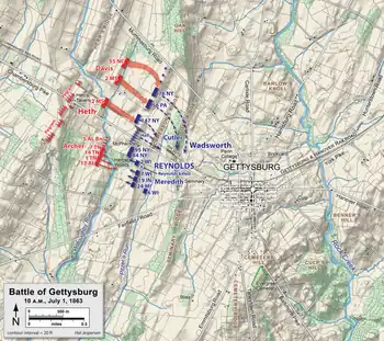 The Iron Brigade prepared for battle, at Gettysburg, by anchoring the Union Army's southern flank, 10:00–10:45 a.m., on Day 1.