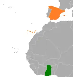 Map indicating locations of Ghana and Spain