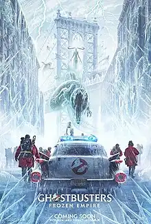 Posters showing the Ghostbusters and the ghost in a frozen New York City