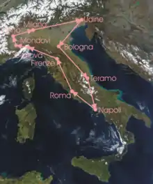 Overview of the stages:
route clockwise from Milan, down to Naples, then up to Milan