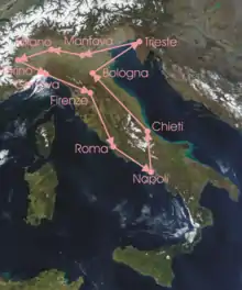 Route of the 11th Giro d'Italia,run anti-clockwise from Milan to Milan