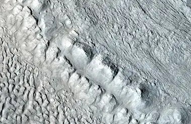 Enlargement of area in rectangle of the previous image.  On Earth the ridge would be called the terminal moraine of an alpine glacier.  Picture taken with HiRISE under the HiWish program.