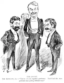 Image 37Gilbert and Sullivan with Richard D'Oyly Carte, in a sketch by Alfred Bryan for The Entr'acte (from Portal:Theatre/Additional featured pictures)