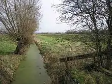 a large field next to a small canal