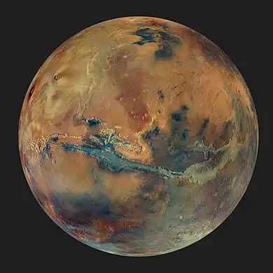 High-resolution mosaic of Mars by ESA's Mars Express, a simulated view of Mars from a vantage point 2500 km above the Valles Marineris canyon system, with enhanced colour and contrast.