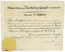 Founder's share of the Glocester and Berkeley Canal Company, issued 29 September 1794, printed on vellum. The proprietors of this canal were authorised to raise the sum of £140,000  to be divided into shares of £100 each. If the former sum be insufficient, then they raise a further sum of £60,000.