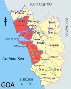 Goa at its height under Portuguese occupation.The Novas Conquistas are highlighted in cream.