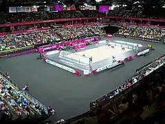 Australia goalball women throwing to Canada women, Copper Box, London 2012 Paralympic Games (Sep 2012).