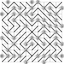 A solved Gokigen Naname puzzle