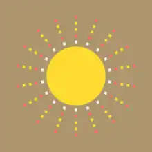 A yellow circle with white, red and yellow dots around it in the style of a sun and its rays