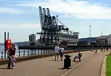 Container cranes at Greenock's Ocean Terminal, with the berth occupied by the cruise ship Golden Princess.