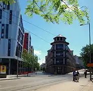 The tram stop is in the centre of the university