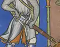 Detail of a sword being drawn from its scabbard, Morgan Bible fol. 28v, c. 1250.