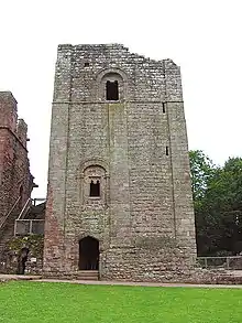 A photograph of the keep at Goodrich Castle in the 21st century