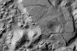 Gorgonum Chaos as seen by Mars Reconnaissance Orbiter HiRISE. Image is 4 km wide.  Image in Phaethontis quadrangle.