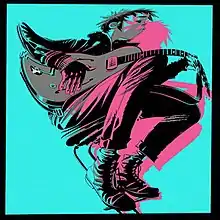 A distorted greyscale drawing of a middle-aged man wearing a punk outfit in a sitting position playing a guitar, overlaid on a pink shadow of the image and a blue background with a black border.