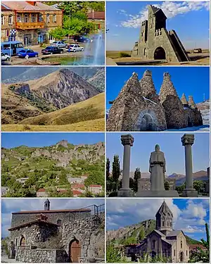 From top left:Downtown Goris • Goris gate Zangezur Mountains around GorisBell Monument • Settlement of old KoresGrigor Tatevatsi statueSurp Hripsimé Basilica • Saint Gregory Cathedral