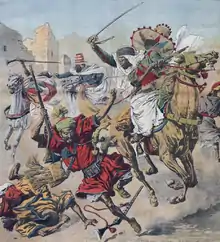 Mounted French goumiers running down Moroccan tribesmen mounted and on foot