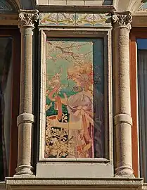 Hand-painted tile panel on the façade of the Grande Maison de Blanc in Brussels, designed by Privat Livemont and made by the Boch Frères Kéramis (1897–98)