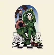 A pensive skeleton minstrel sitting on a stone wall and holding a lute