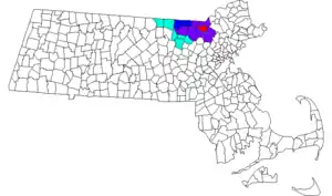 Red represents the City of Lowell, Dark Blue represents the Greater Lowell area, Light Blue represent the New England city and town area Division Lowell-Billerica-Chelmsford, Purple represents both.