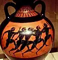 Panathenaic amphora showing runners, awarded to a victor in one of the Panathenaic Games, c. 530 BC. It would have been filled with oil from the sacred olive groves in Attica.Metropolitan Museum of Art